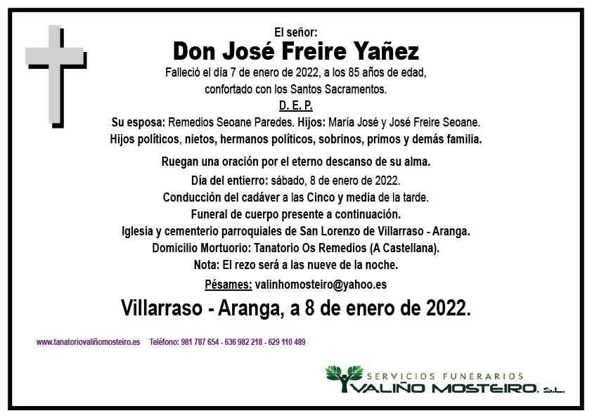 Esquela de José Freire Yañez.